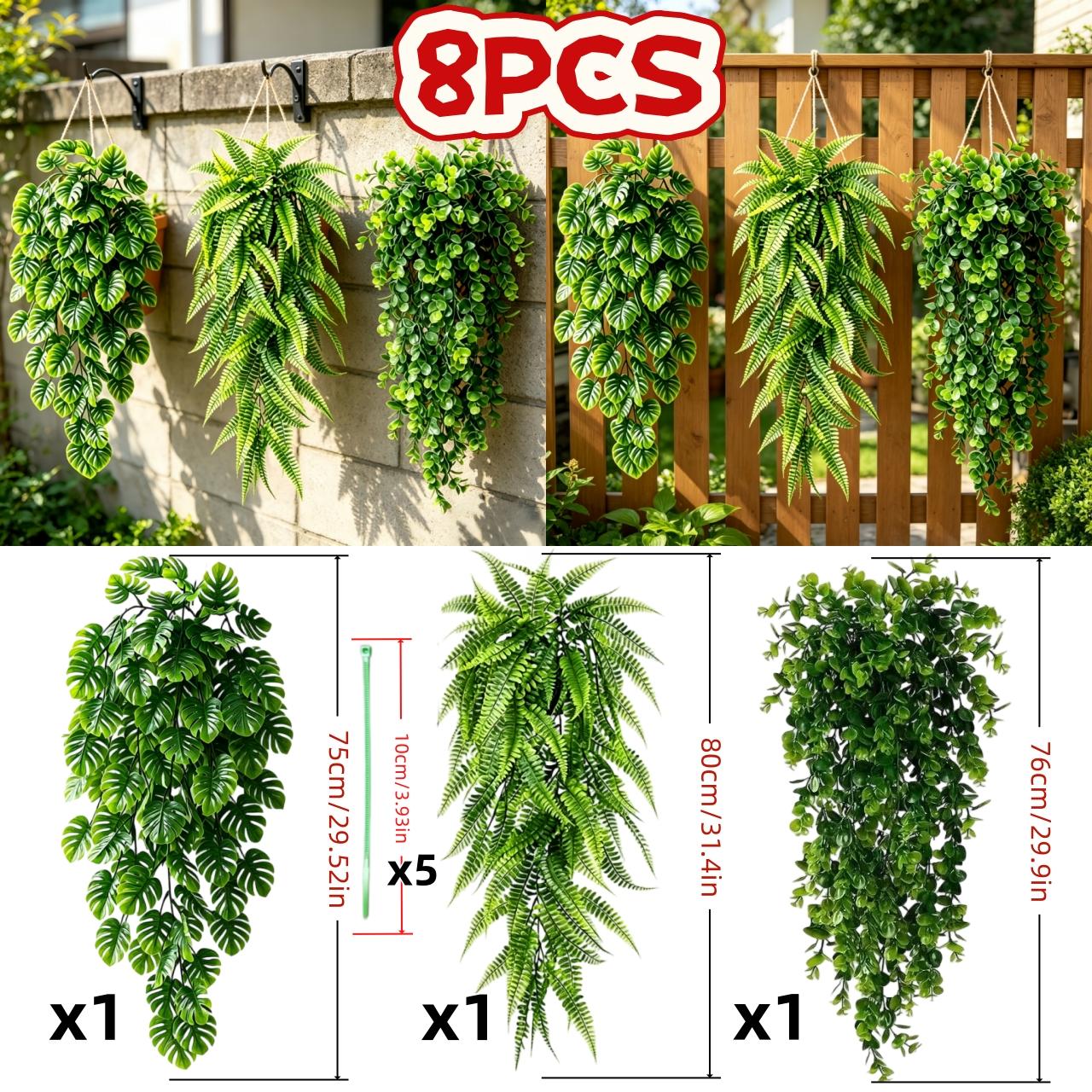 Image of 8pcs [ Plants + 5 Straps] Outdoor Simulation Artificial Hanging Holiday Decoration Simulation Green Plant Wall Hanging Suitable For - Durable Plastic Fake , Suitable For Gardens, , Offices