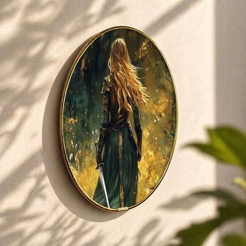 item picture 1pc framed oval golden framed canvas decor in forest landscape back view of brave knightess in canvas poster fantasy nature scenery art for home offic