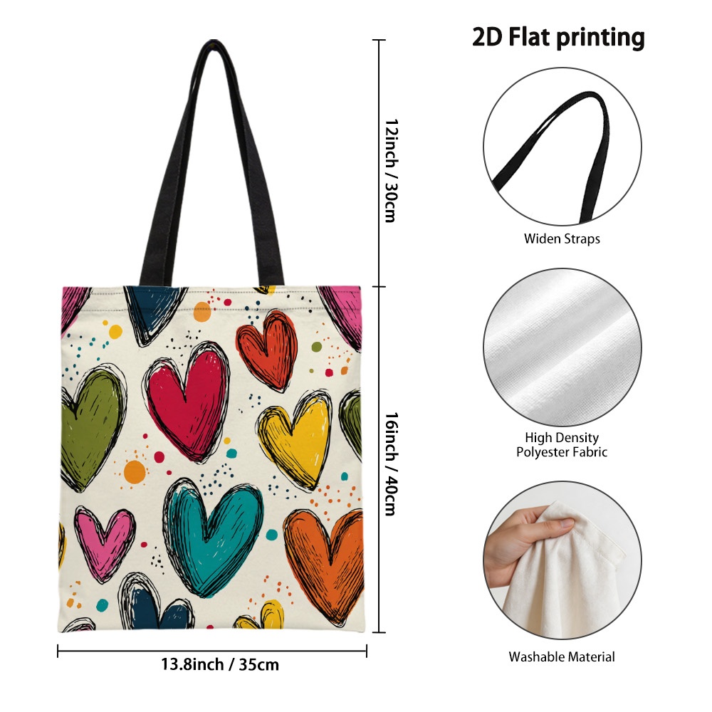 TEMU 1pc Creative Valentine's Colorful Hearts Graphic Print Polyester Tote Bag - Reusable Grocery Bags With Sturdy Handles, Multifunctional Shoulder