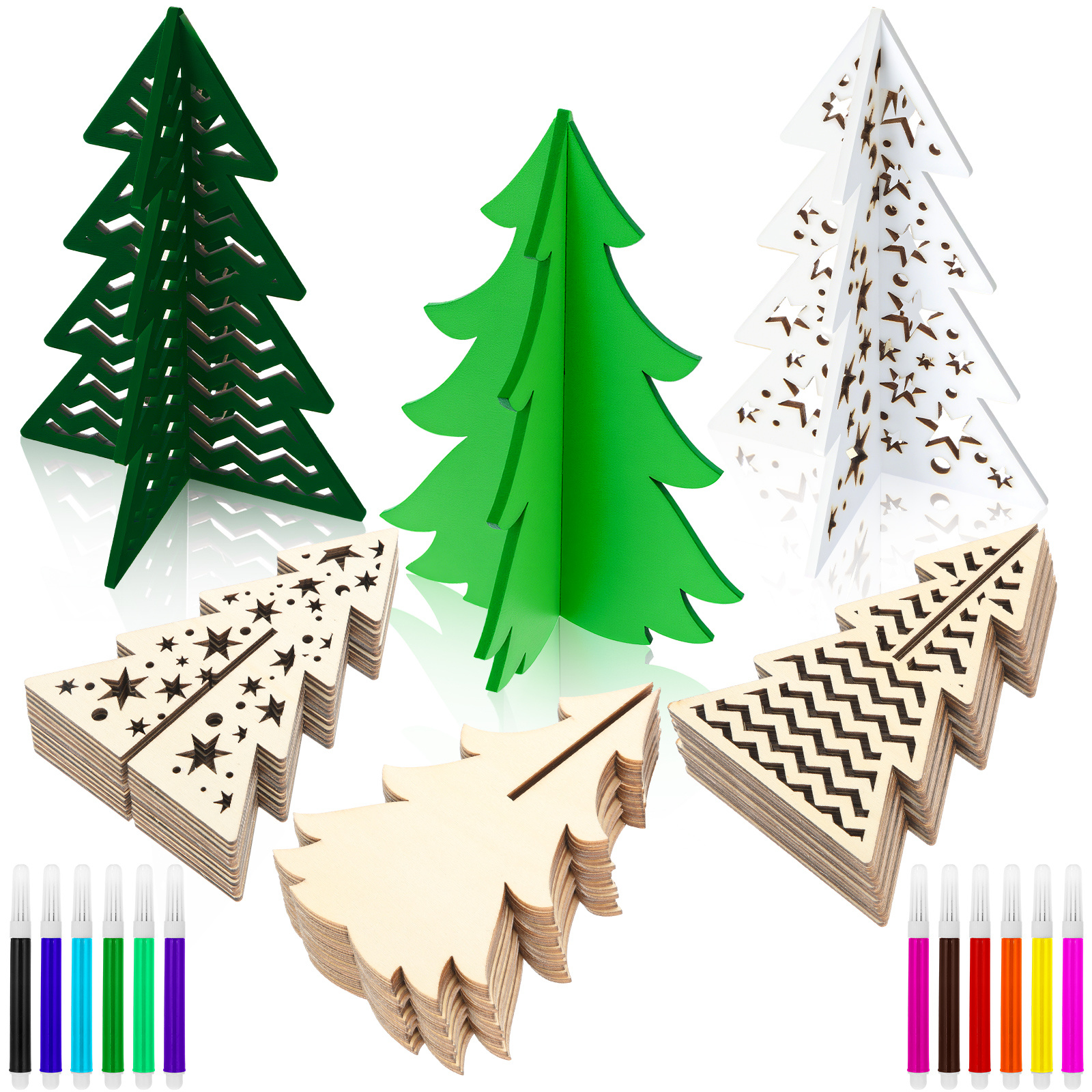 TEMU 48pcs Wooden Christmas Craft Set (36 Tree-shaped Cutouts And 12 Markers) - Unfinished, Paintable Wooden Tree Shapes; Ideal For Christmas, Tiered