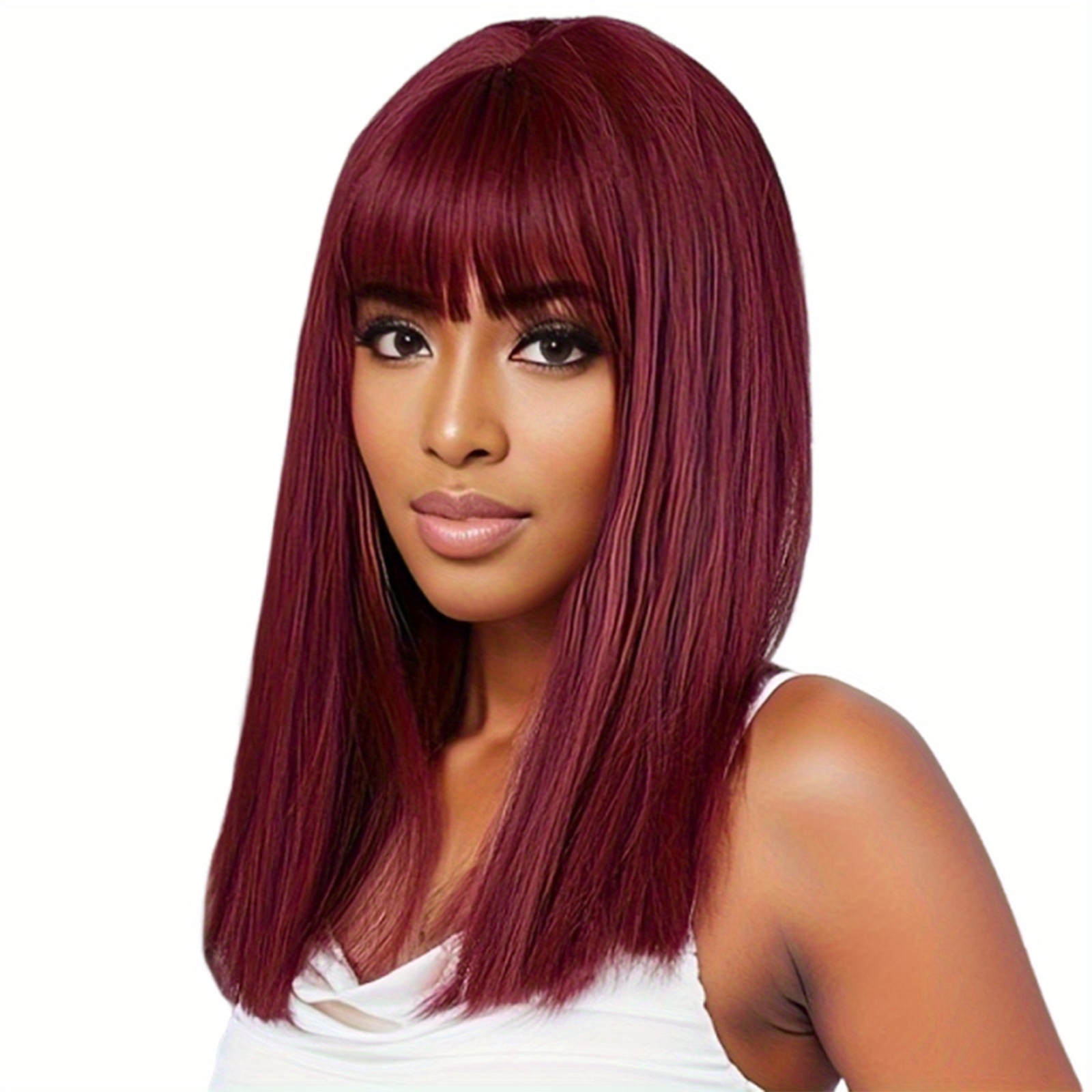 red short synthetic fiber wigs for women featuring bangs ideal for everyday parties
