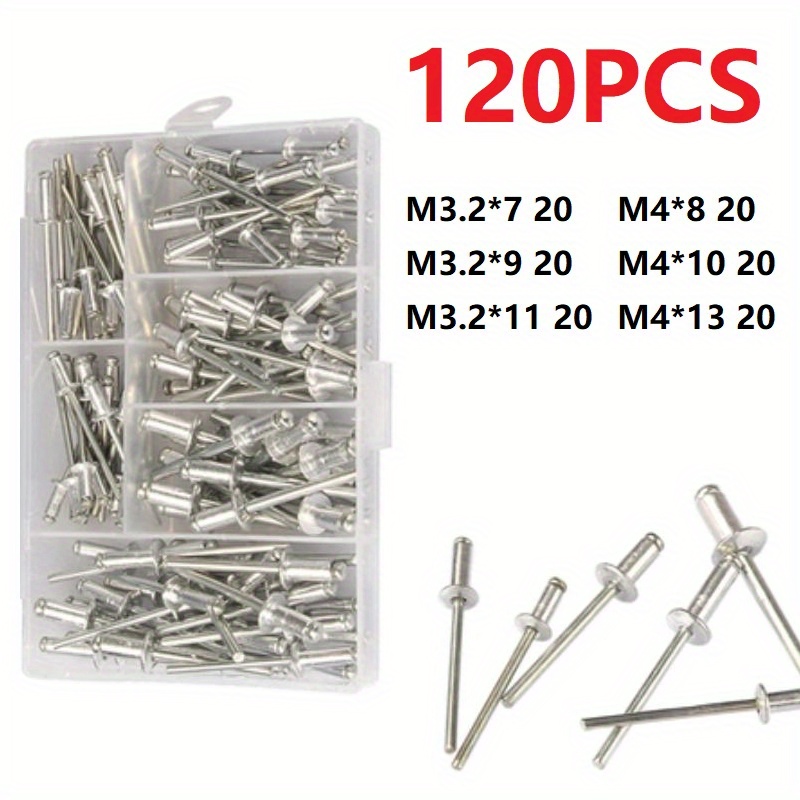 E-shop 120-tlg. Blindnieten M3.2 M4 Kuppelkopf-Blindnieten, Sortiment-Set, Nietenset, Nagelzieher für Möbel, Sortimentskit