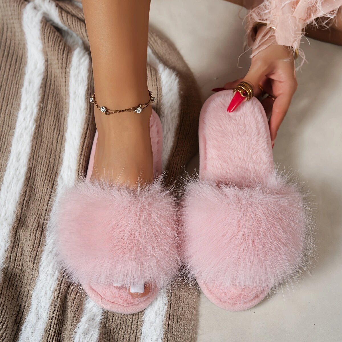 TEMU Women's Plush Spring Summer Autumn Winter Slippers, Women's Indoor Warm Plush Slippers, Fashionable Easy Slippers
