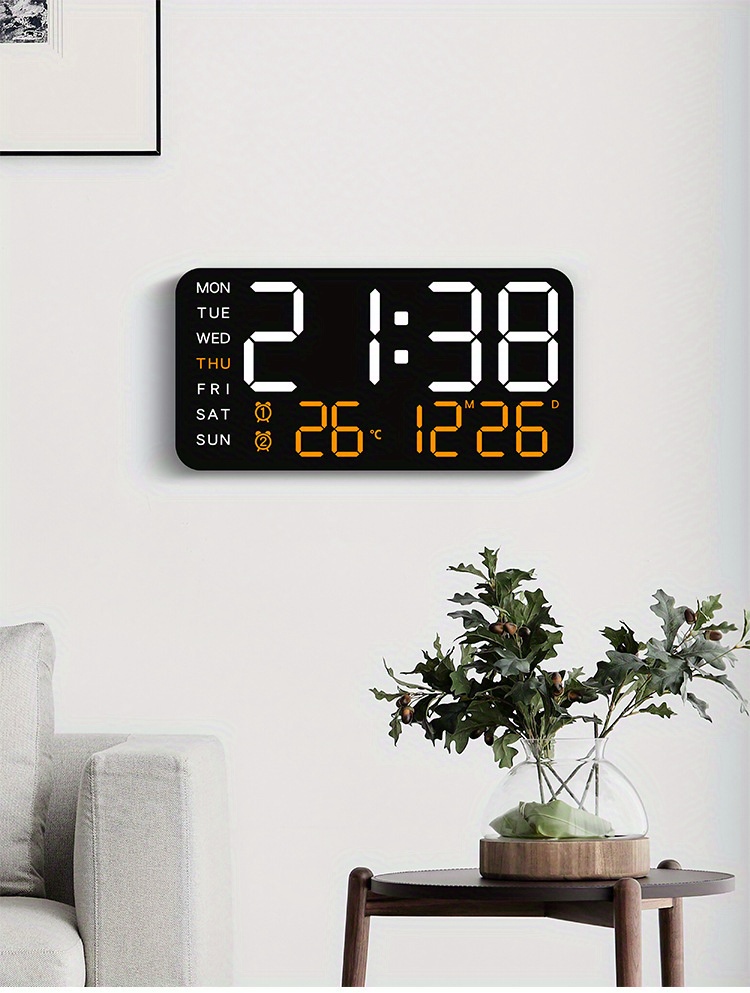 LED digital wall clock with temperature display, date and working day - dual alarm clock, 12/24-hour format, perpetual calendar, rectangular, battery powered (AAA) - perfect for bedroom decoration