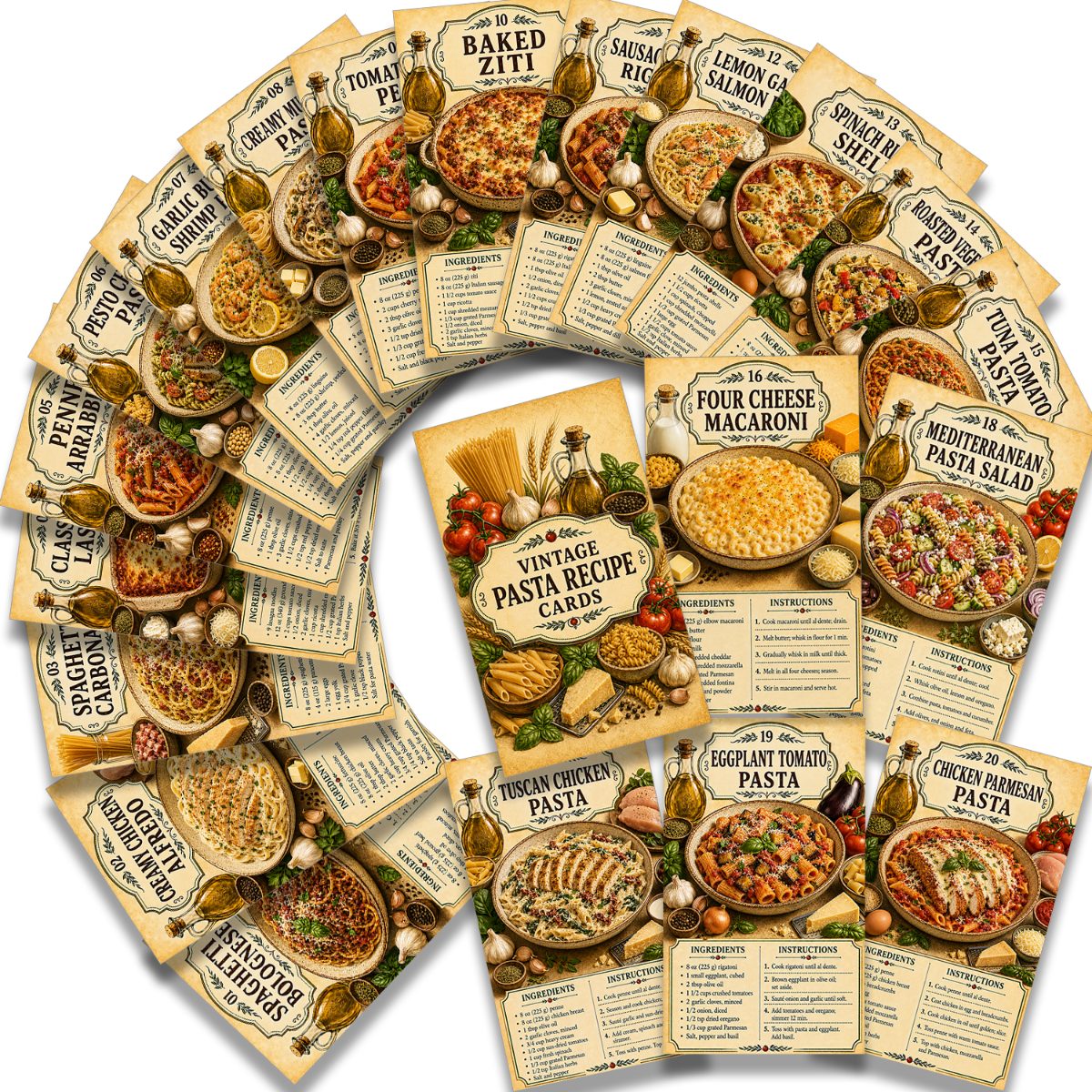 TEMU 20pcs Vintage Pasta Recipe Cards, 20pcs Different Pasta Dishes With Ingredients -by-step Instructions, Retro Cooking Guide Set For Home Cooks,