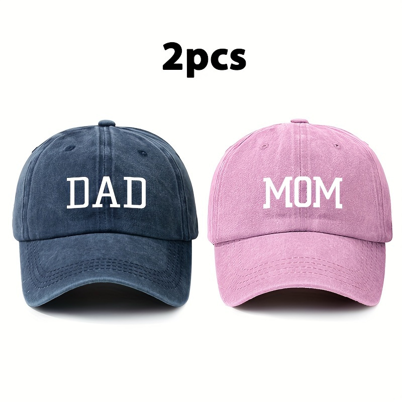 2pcs Vintage Style Washed Baseball Caps With Dad And Mom Letters, Unisex Outdoor Dad Mom Hats, Adjustable Size Pointed Caps, Suitable For