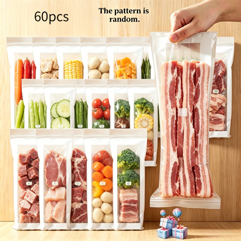 TEMU 60pcs Reusable Food Storage Bags, Thick Plastic Freezer Bags, Design, Airtight And Leakproof Transparent Bags, Assorted Sizes, For Fruits,