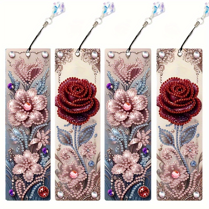 TEMU Pack Of 4 Diamond Painting Bookmarks, Gifts With Diamond Pendant, Day Gift. Supplies Shiny Diy Handmade Reading Bookmarks, Book Gift
