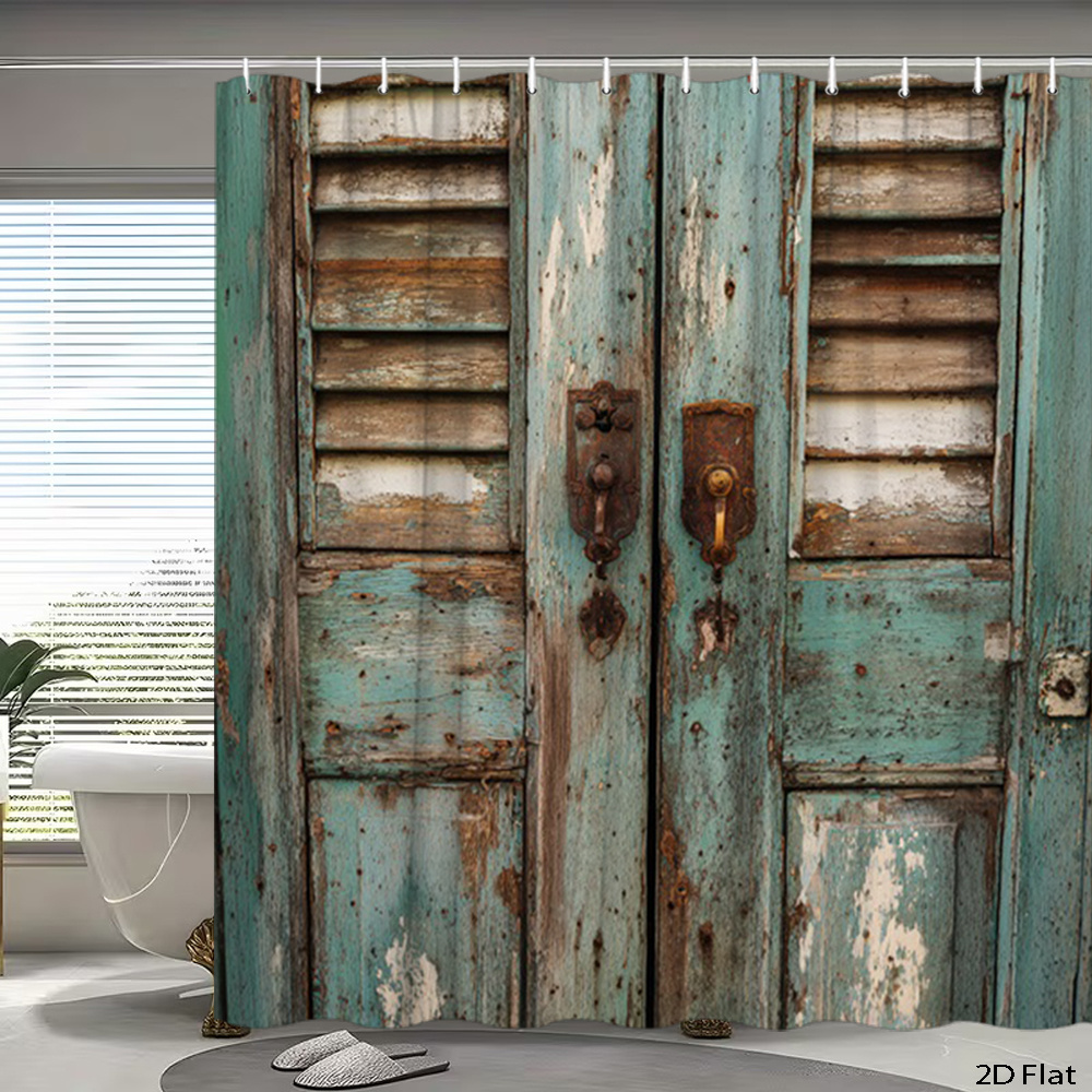TEMU 1pc Vintage Rustic Farmhouse Shower Curtain Suitable For Decor - Distressed Door & J Door Design, Bathtub Divider Curtain "x70.8" With 12 Hooks,
