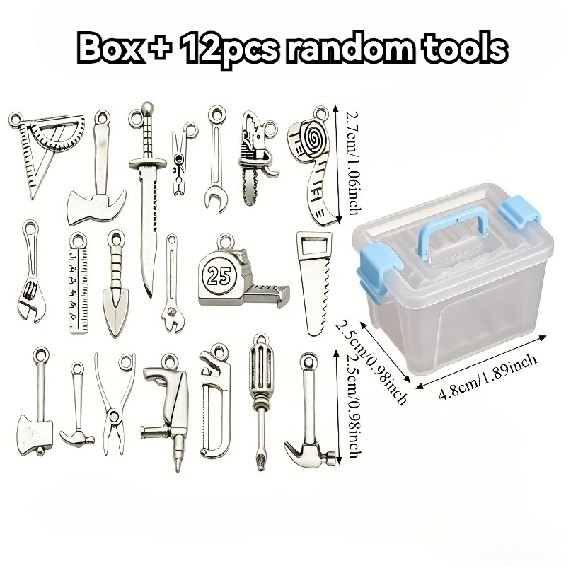 TEMU Boîte à outils et 12 modèles d'outils aléatoires - Mini ensemble d'outils en de simulation, 12 outils simulés des clés, des marteaux et des