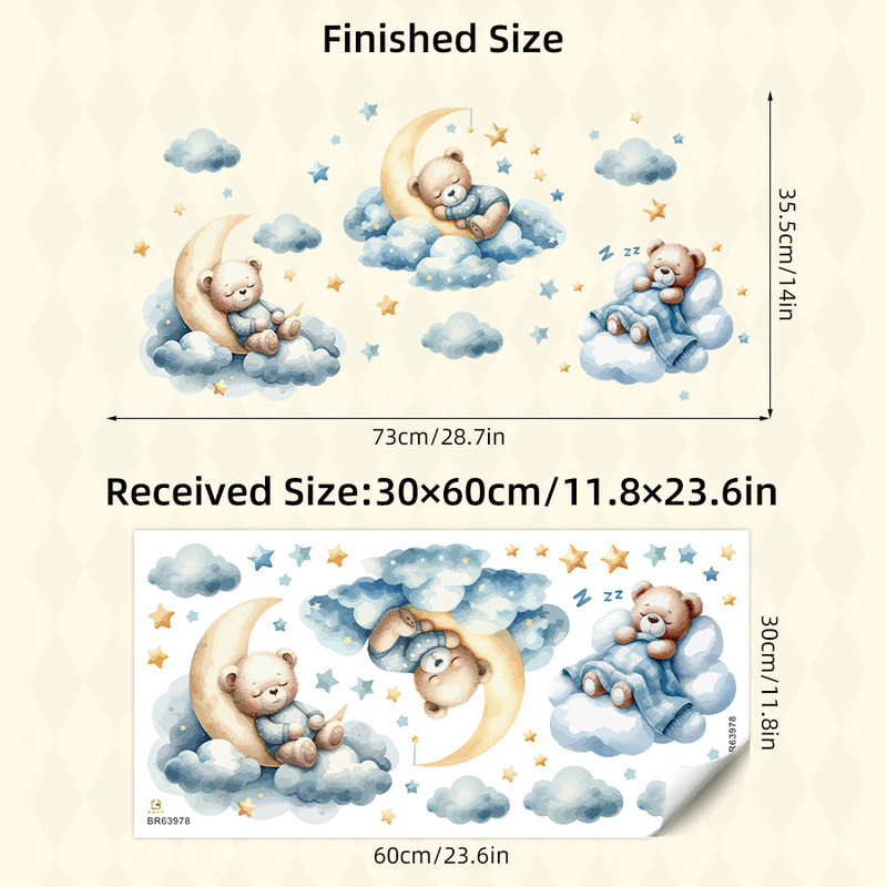 Teddy Bear Sleeping On Clouds Animal Wall Stickers Room Decor Bedroom Living Room Decoration Wall Decals Home
