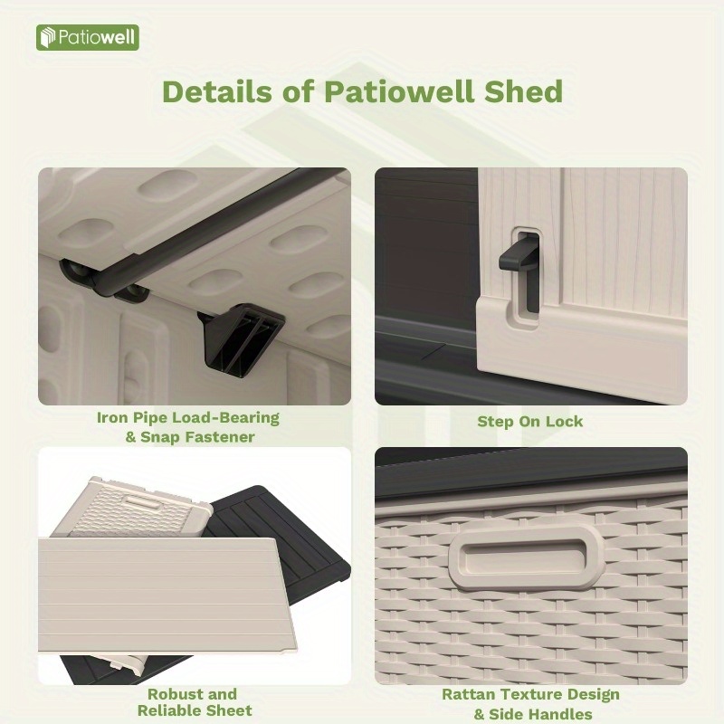 26 Cubic Feet Plastic Outdoor Storage Shed That Is Lockable And Waterproof, Designed for Storing Garden Tools, Garbage Cans, And Pool Supplies, Beige Color, Shelves Not Included