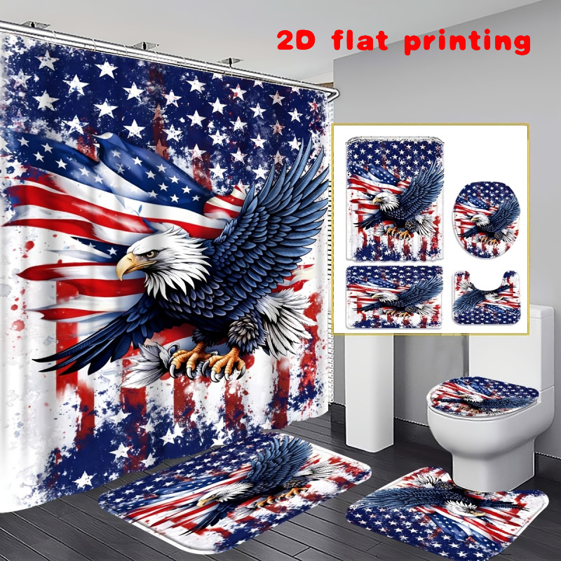 TEMU 2d Flat, 4-piece 2d Curtain Set, Including Shower Curtain, Floor Mat, U-shaped Blanket And Toilet Seat Cover.american Patriotic Shower Curtain
