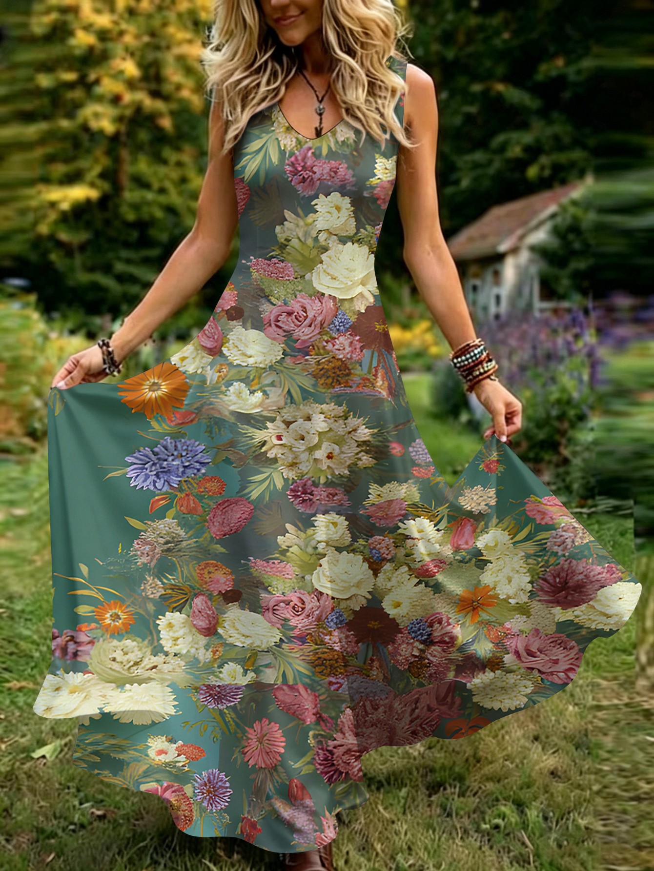 chinese dress ladies Women's Boho Dress Spaghetti Strap Bow Split Floral Printed Maxi Dress, Floral / L main image 1
