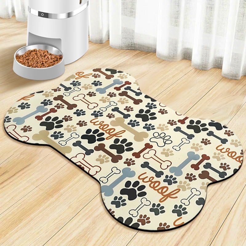 TEMU 1pc Non-slip Quick-dry Geometric Fish Bone Paw Print Dog Bowl Mat - Durable Polyester Pet Food And Water Bowl Pad, Suitable For Small To Medium