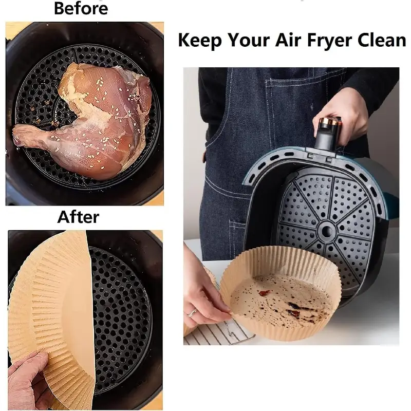 100pcs air fryer parchment paper liners nonstick disposable 6 3 inch round pre cut edges food grade waterproof oilproof heat resistant up to 428 oven microwave baking bbq air fryer safe for sensitive stomachs easy bulk pack microwave safe oilproof material home cooks meal preppers Product details 1