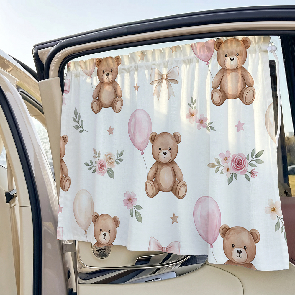 TEMU 1pc Car Sunshade, Watercolor Bear Balloon Print Adjustable Car Sun Visor, Suction Cup Style Interior Window Curtain Side Panel, Summer Sun