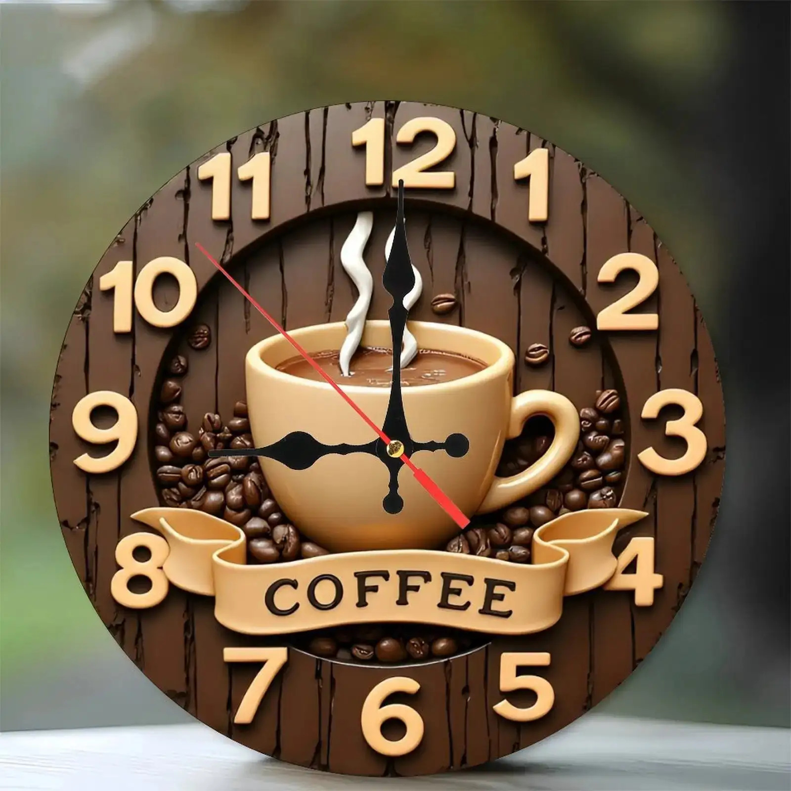TEMU 10 Inch Coffee-themed Wall Clock With Digital Display - Wood Rustic Farmhouse Decor, Coffee Bean & Arabic/english Coffee Phrases, Large Round /digital Clock, Cafe, -