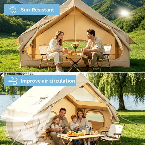 Aufblasbares Campingzelt für 2-6 Personen, tragbares Luftzelt mit Pumpe, Glamping-Zelt mit Oberlicht, Netzfenstern Ofenrohr für Camping, Strand, Outdoor