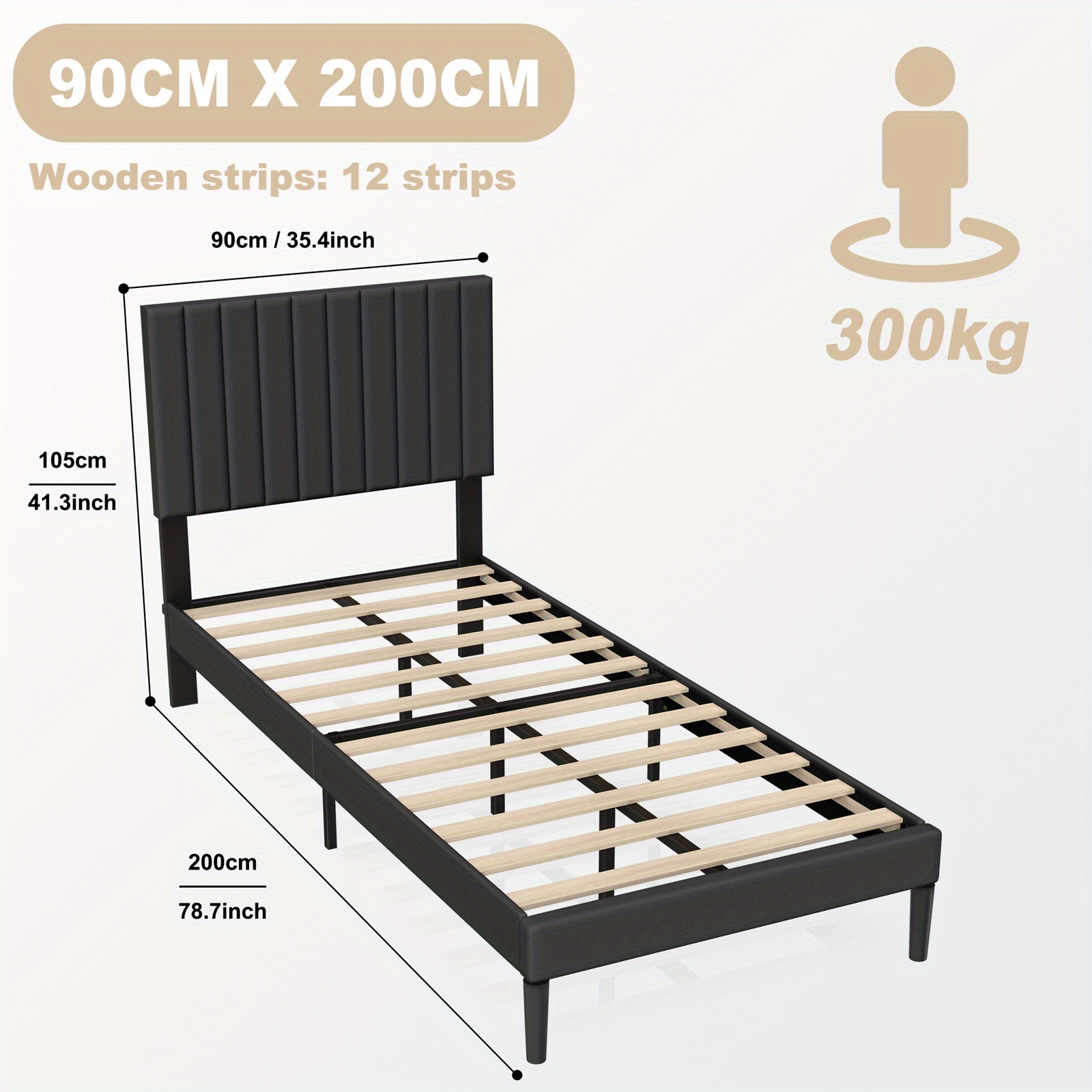 Lit Matelassé Noir avec Plateforme en Flanelle 90/140/160 x 200cm avec Tête de Lit en Flanelle pour Lit Simple ou Double: retailer-supplied image