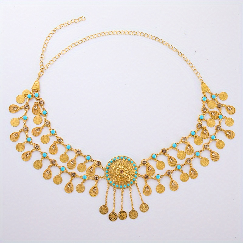 [Bohemian Waist Chain Necklace] NEULRY Women's Bohemian Retro Tassel Waist Chain Necklace - Vintage-Inspired Golden-Tone Metal with Turquoise & Clear Gemstones, Adjustable Headpiece & Waist Chain for Daily Wear, Parties, Weddings, Bohemian Jewelry, Party Accessory, Vintageinspired Design, Intricate Beaded Detail