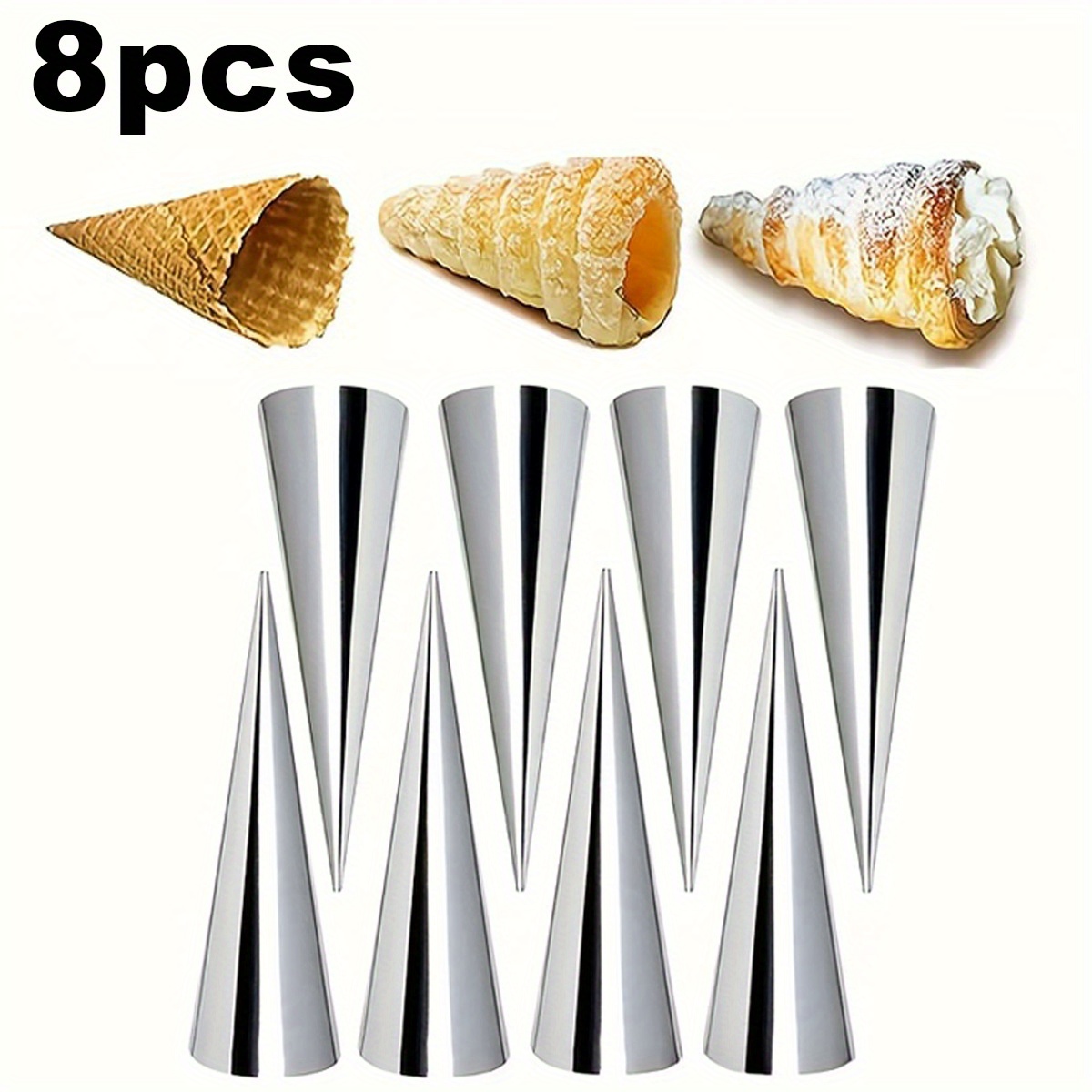 Image of 8pcs Stainless Steel Cream Cone Molds - Heavy-duty 201 Baking Cones Suitable For Ice Cream, Croissants, Pastries, , And - Spiral Pastry Tubes, Commercial/kitchen Use Durable Pastry Tools