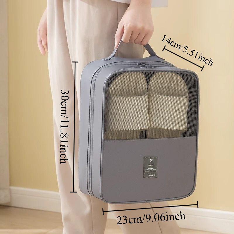 portable large capacity shoe storage bag for travel holds 3 pairs of shoes durable dustproof breathable organizer with ergonomic handle gray black shoe storage organizer compact travel gear   Product details 0