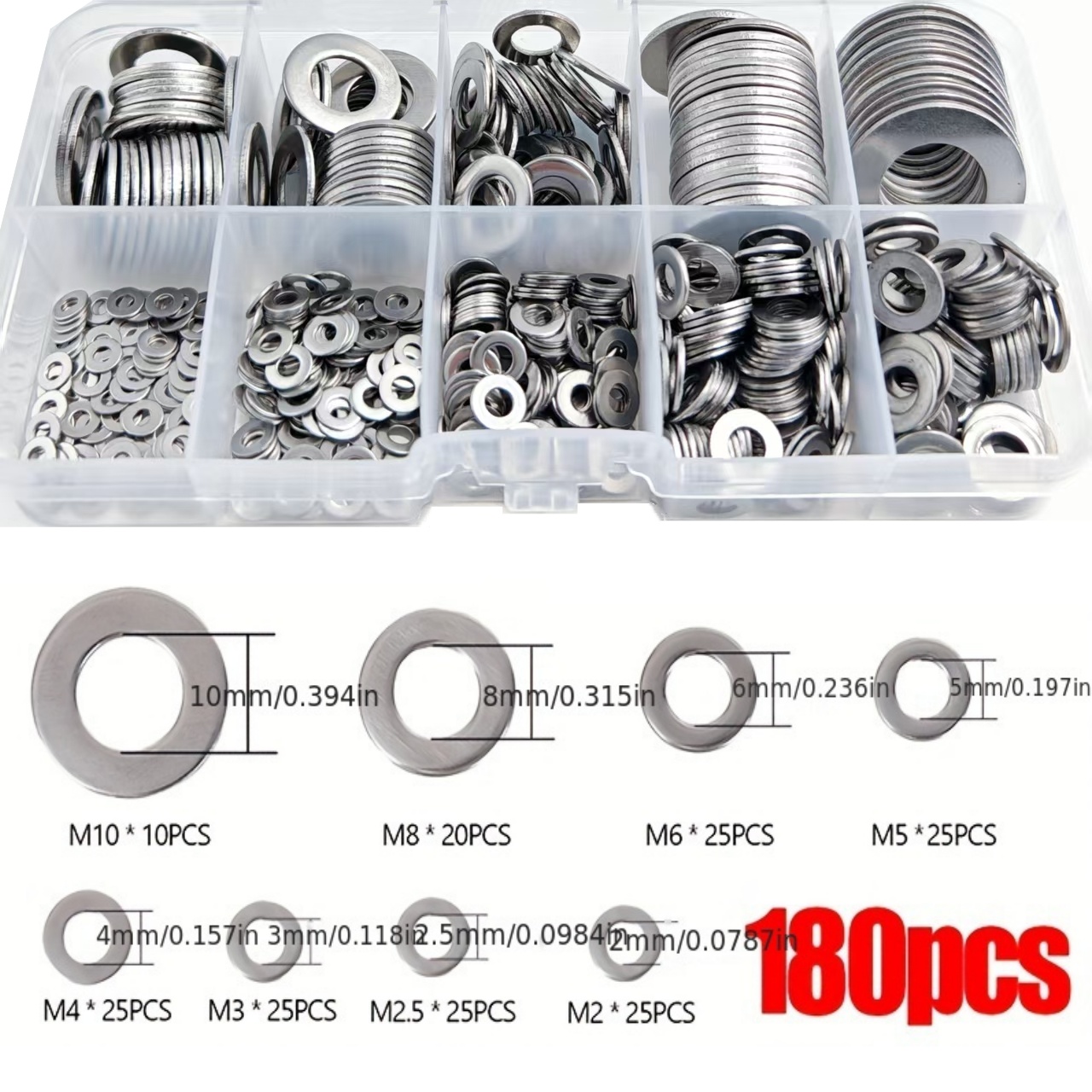 TEMU Kit de 180 pièces pour la classification des rondelles de quincaillerie - Surface polie durable, tailles M2-M10, convient pour la décoration