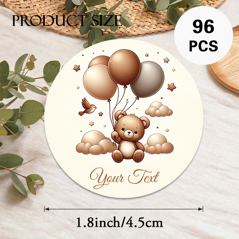 TEMU Aangepaste "Teddybeer" Ronde Sticker, Aanpasbare Tekstinhoud, Met Schattige Teddybeer met Ballonnen in Cartoonstijl, Geschikt voor Babyshower