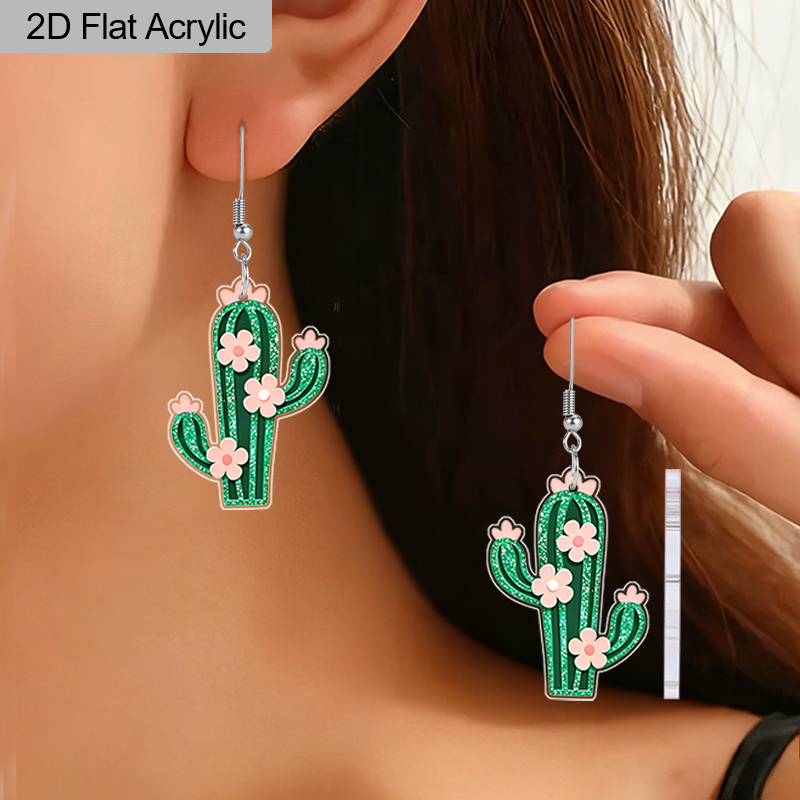 Pendientes acrílicos 2D planos de cactus floral floreciente y bonito, joyería para mujer estilo de dibujos animados de cactus, joyería de moda para mujer bellamente diseñada, pendientes exquisitos para fiesta y uso diario casual, joyería ligera para mujer, regalos perfectos para el festival del