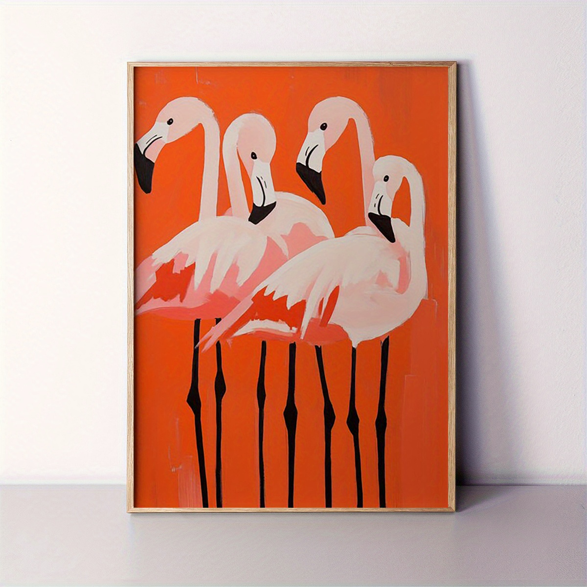 TEMU 2d Flat, 2d Flat, 1pc Unframed Wall Art Featuring A Flamingo Family, Measuring 12x16 Inches. This Vibrant Canvas Poster Showcases Mid-century