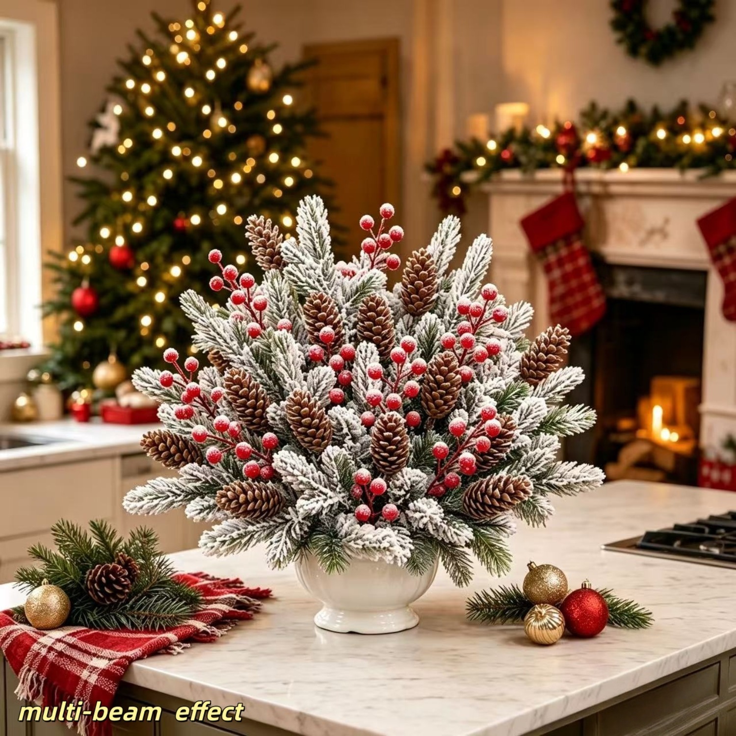 TEMU 21pcs Christmas Decoration Set, Featuring Artificial Cedar Branches, Pine Cones, And Red Frosted Berries. Suitable For Indoor And Outdoor Decor,