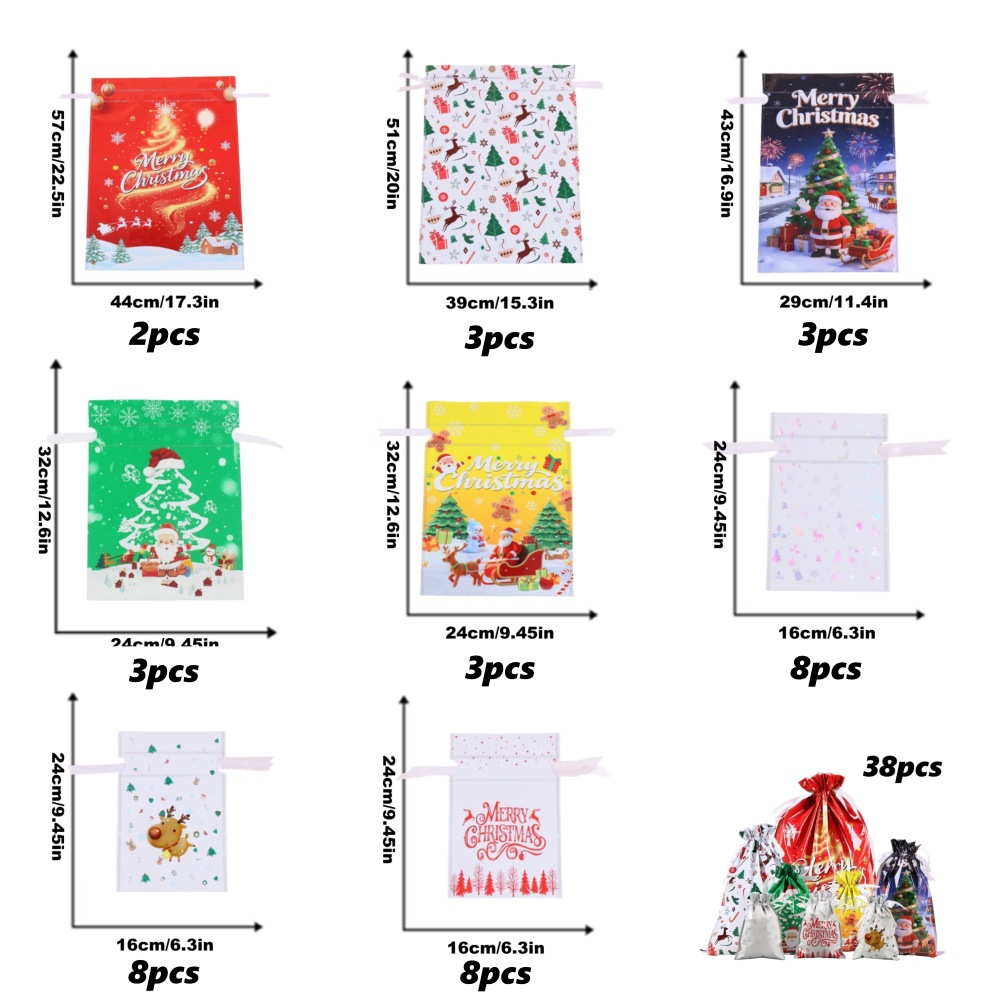 TEMU 15/38pcs Large Christmas Sacks Reusable Foil Drawstring Wrap Present Gifts Party Bags