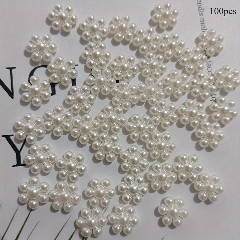 Image of 100pcs Of Stylish Floral Acrylic Pearl Beads - Ideal For Headpieces And Jewelry - Versatile Cream-colored Glue Resin Embellishments