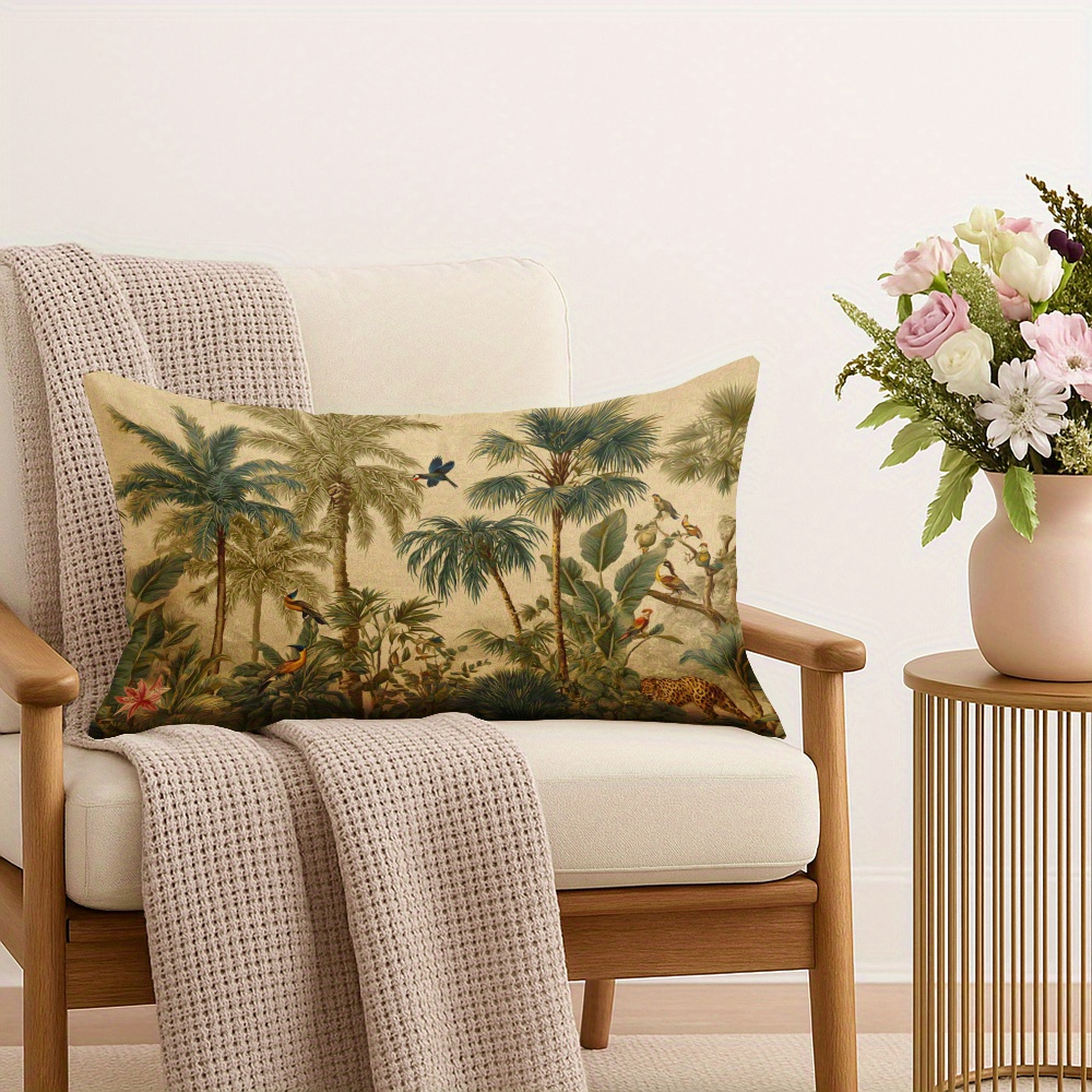 TEMU 1pc de Cojín Estampado Tropical y Palmeras - Cubierta en Terciopelo Corto para Almohada, Cierre , 12x20 Pulgadas (30x50cm), Diseño Verde