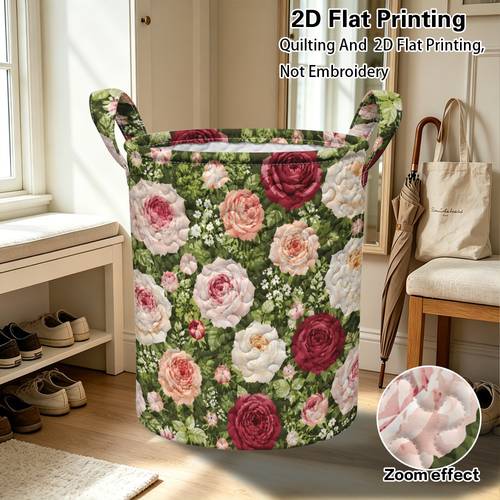 item picture 2d flat 1pc vintage floral roses round quilted hamper collapsible fabric basket with handles storage for towels clothes bathroom organized and tidy laundry baskets