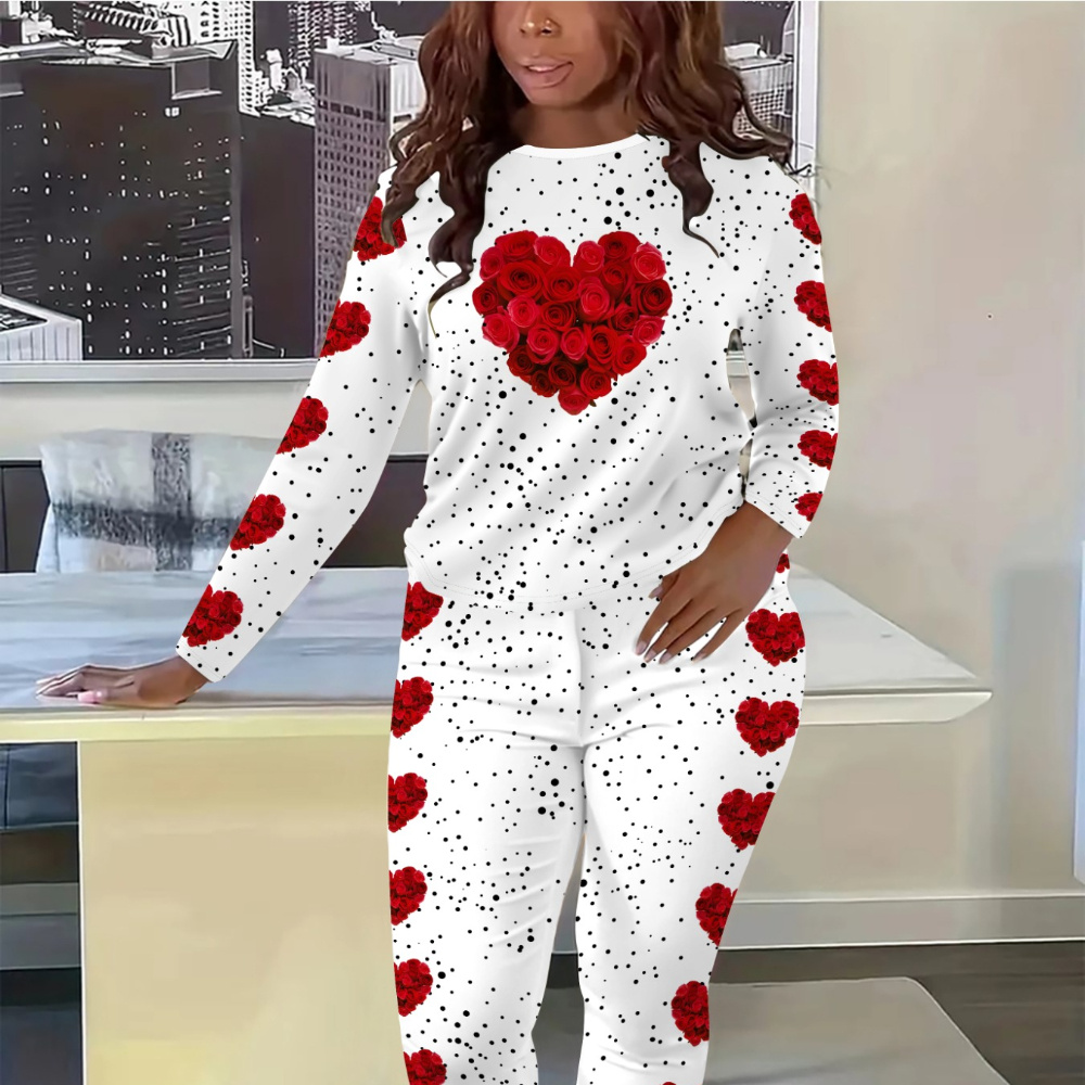 

Women' Valentine's Day 3d Heart Rose Print Long Sleeve And Pants Set, Polyester 95% Spandex 5% Knit Fabric, Crew Neck, All , 180gsm - White