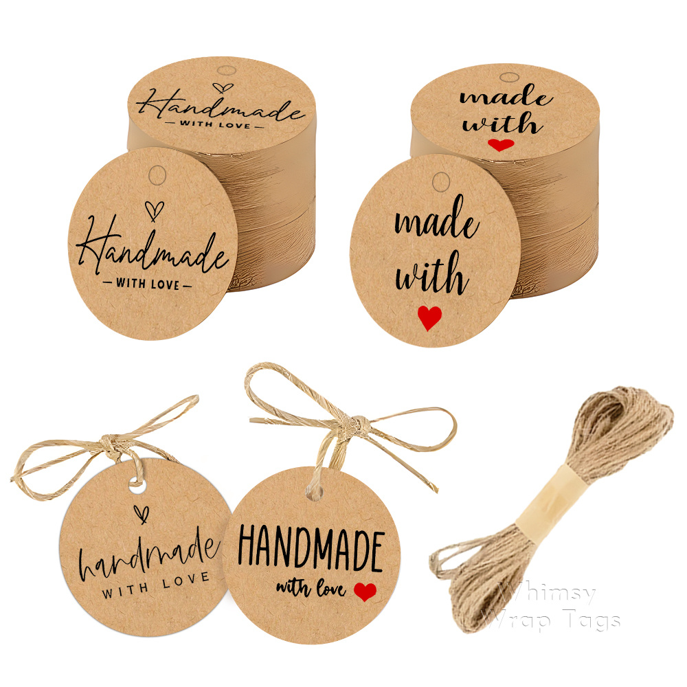 Image of 108pcs Handmade Theme Round Paper Tags With Twine | Featuring "" Lettering And Heart Accent , Suitable For Elegant Gift Wrapping, Greeting Card Accents, Decorative Hangings