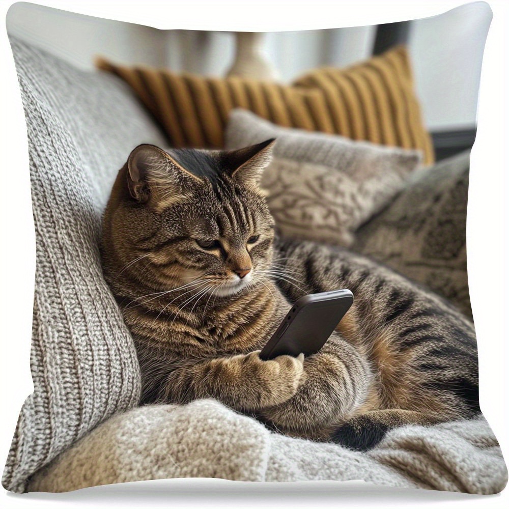 TEMU 1pc Fat Cat Texting Cuddle Pillow Cover - 18x18 Inch, Double-sided Print, Zipper Closure, Comfortable Polyester, Perfect For Decor, Versatile