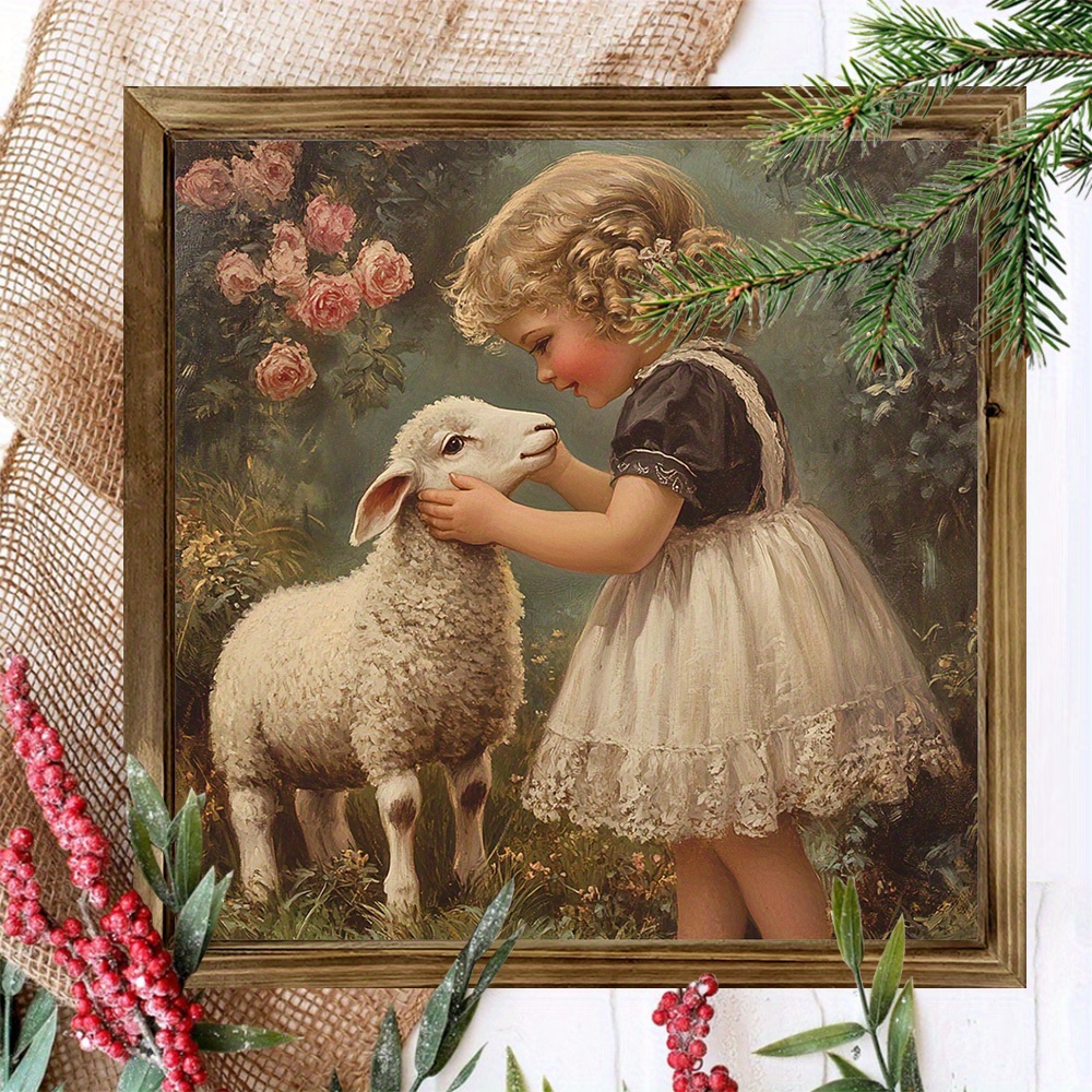 TEMU 1pc Country Wooden Artwork - Oil Painting Of Girls And Sheep, Suitable For Living Room, Office, Cafe Decor, Wooden Rope Decoration, Scene With