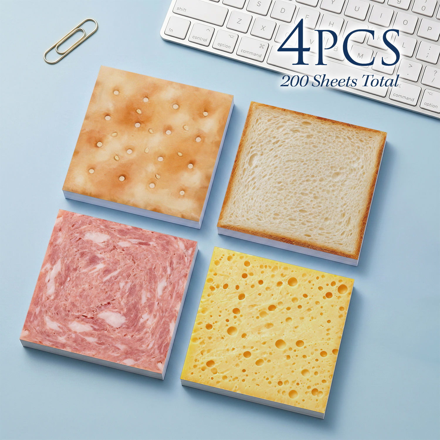 TEMU 4 de 200 feuilles de notes autocollantes à texture alimentaire, -mémos avec motif pain, fromage et jambon, papeterie de bureau sur le thème des