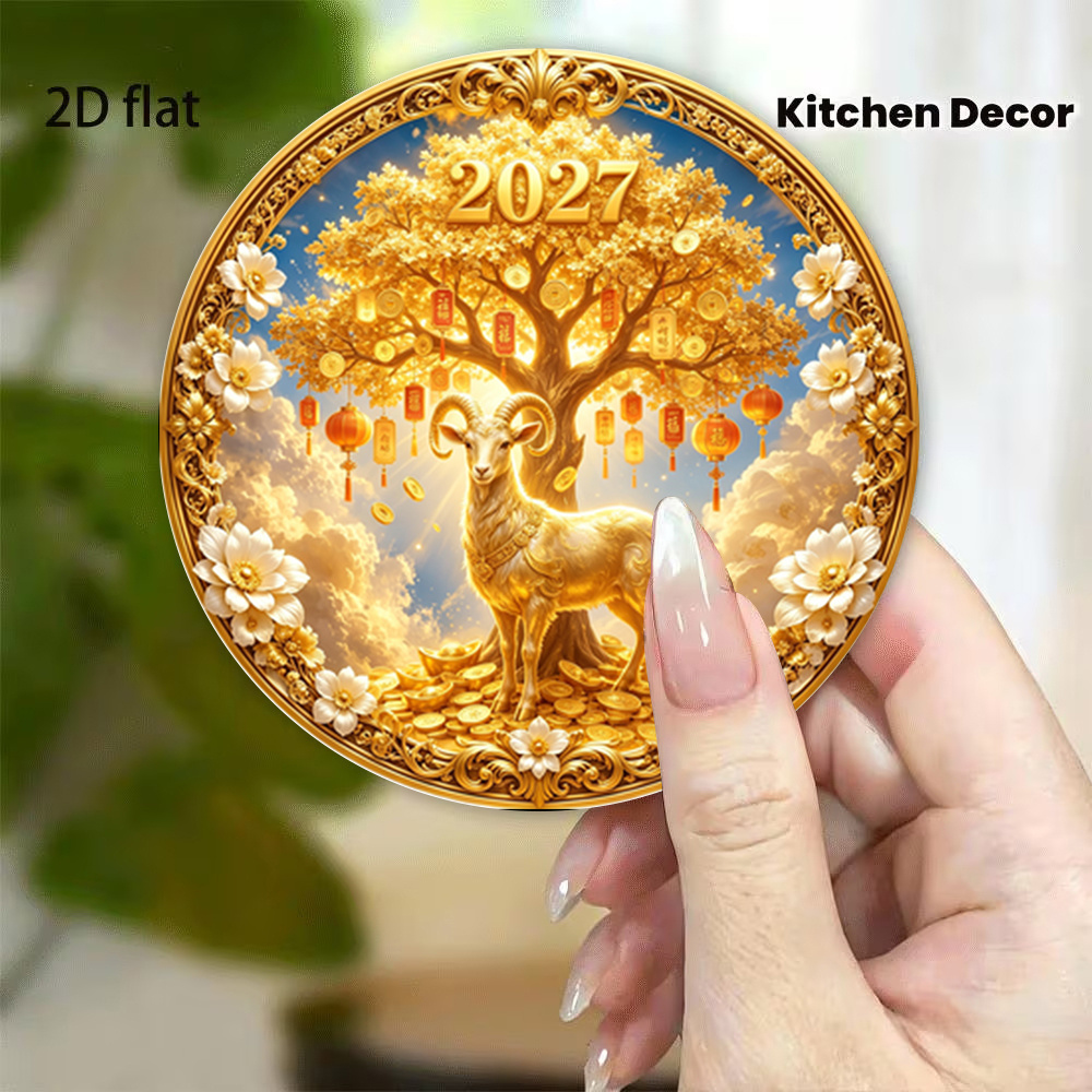 TEMU 1pc, 2d Flat Printing 2027 Zodiac Goat Acrylic Refrigerator Magnet, 3.15in X 3.15in, Chinese Shui Wealth-attracting Decorative Magnet, New Year