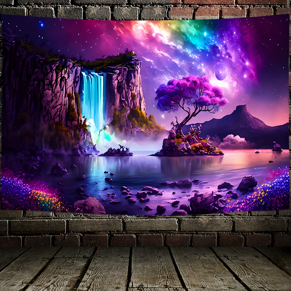 TEMU 1 pièce Tapisserie aux UV/, convient pour la décoration murale de chambre, salon, avec fleurs lumineuses et arbres fluorescents, ciel , , forêt