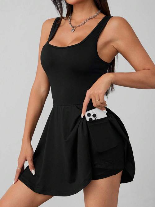 Teen Girls Casual Black 1pc Sport Dress with Built-in Safety Shorts and Pockets. Made from Comfortable, Form-fitting Fabric Quick-drying and Sweat-absorbent. Suitable for Sports, Running, Cycling, Basketball, Soccer, Tennis, and Badminton.