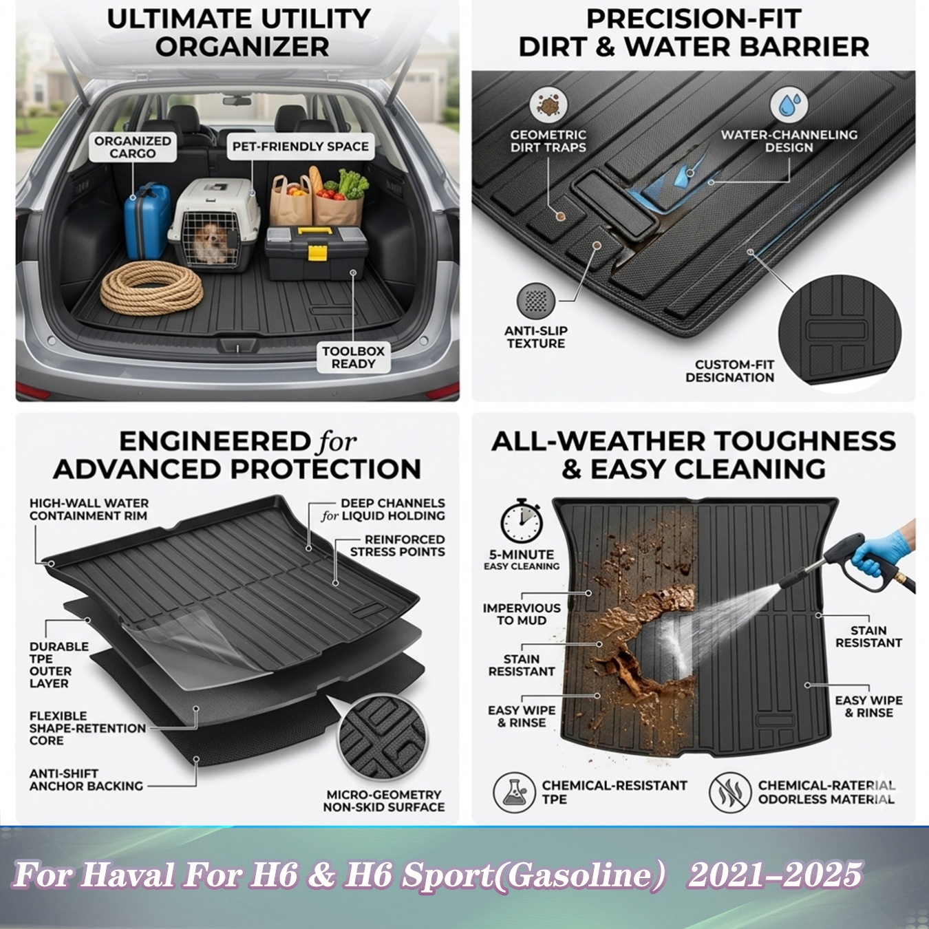 품목 사진   install tpe cargo liner for   for h6 & h6 sport(gasoline 2021-2025, trunk mat   setup all weather waterproof easy to clean non-slip rear boot liner acssories bla
