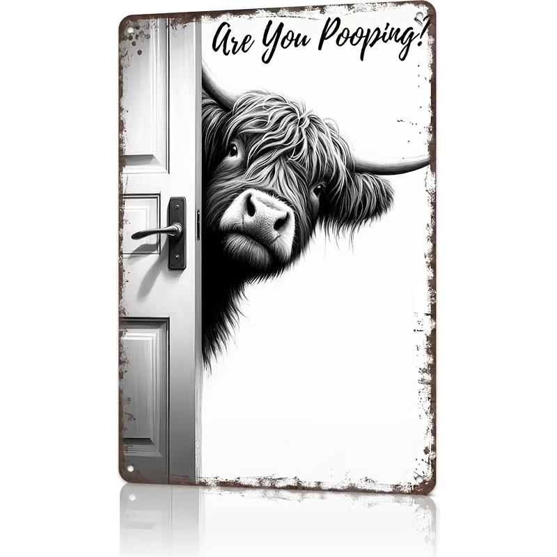 TEMU 1pc Humorous Highland Cow Metal Sign "are You Pooping?" Wall Decor - Retro Scottish Bathroom Decoration Suitable For Western Cottages, Farmhouse,, Or Gift For