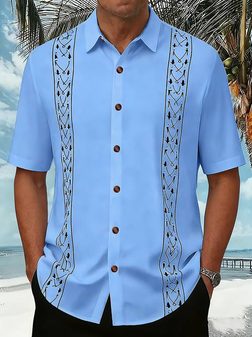 mens print single breasted casual short sleeve shirt fashionable lapel collar regular season stretch fabric