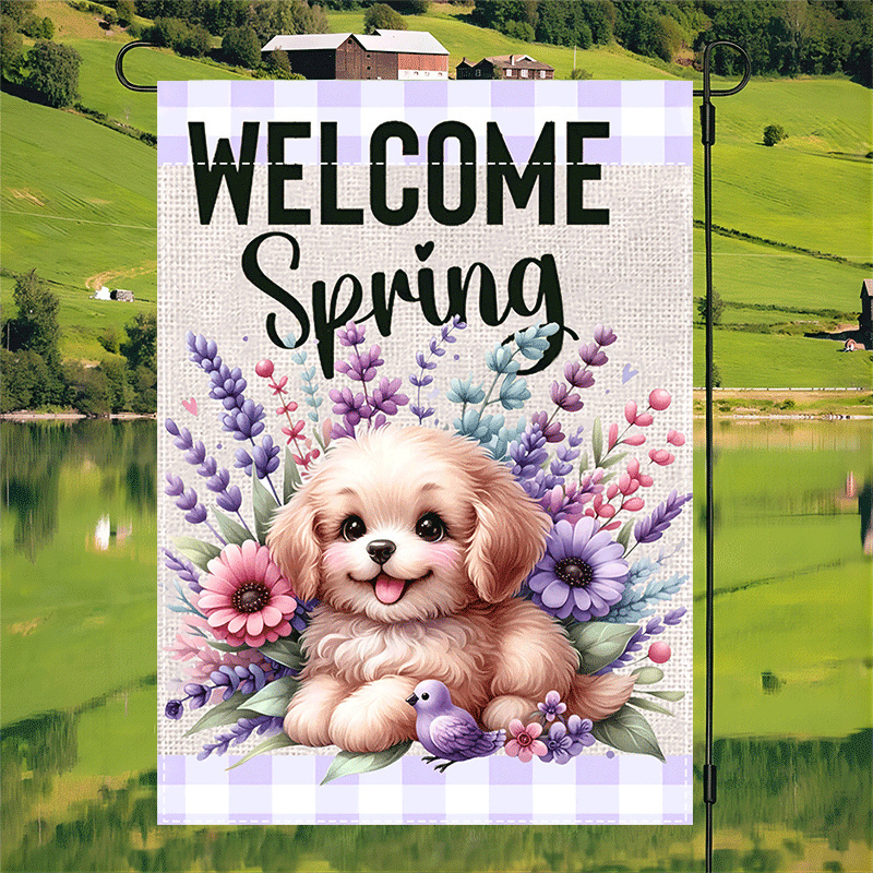 

Welcome Spring Puppy Garden Flag - , Double-sided Linen & Burlap, Waterproof Outdoor/indoor Decor, 12x18 Inches,