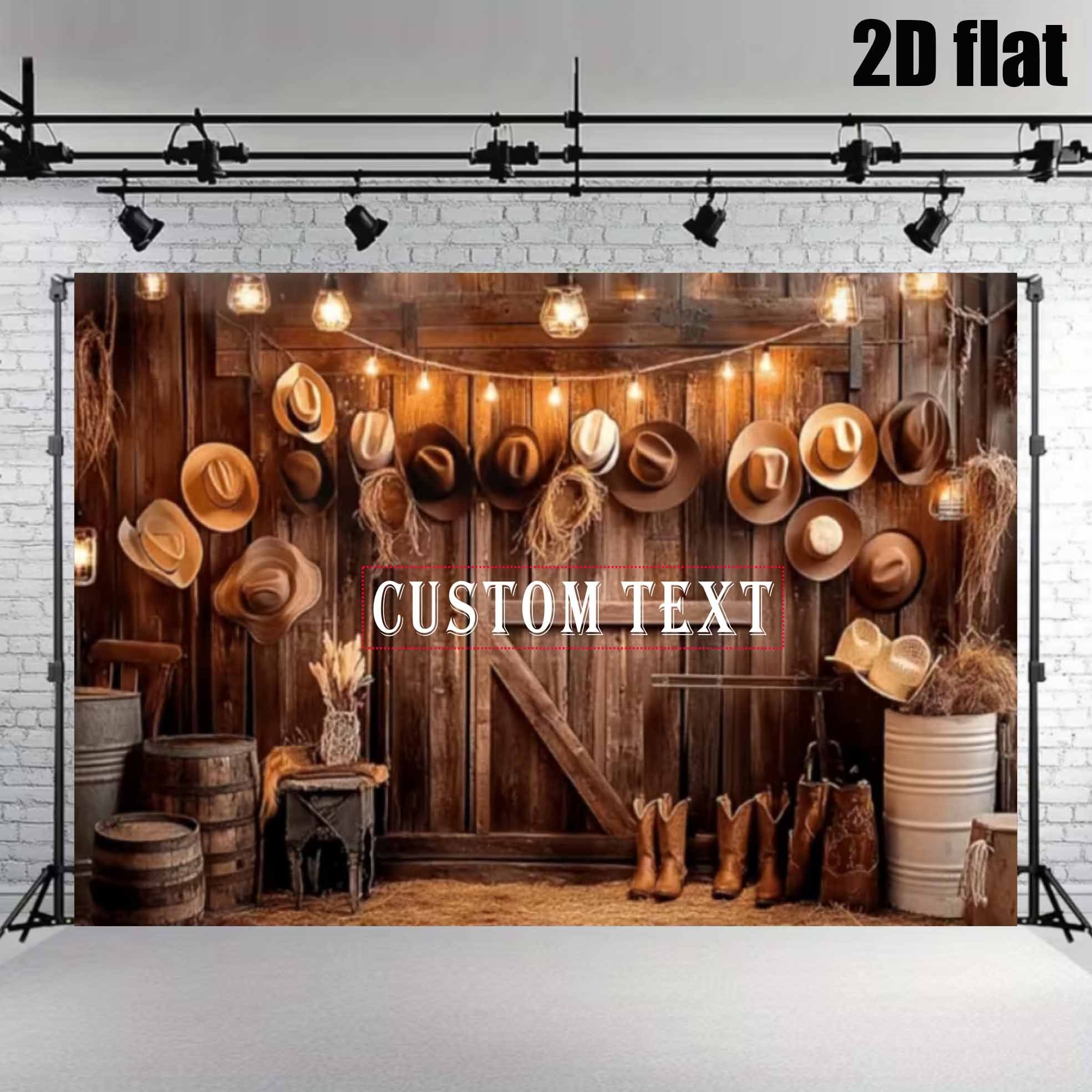 TEMU 2d Flat, 1pc 2d Party Flat Banner, Personalized Self- Text Western Cowboy Barn Theme Vinyl Backdrop With Vintage Wooden Wall And Cowboy Hat