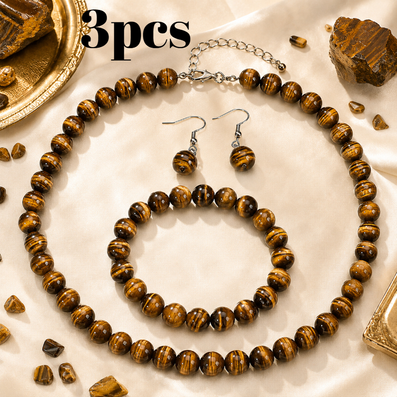 TEMU Parure de bijoux 3 pièces .zt en œil de tigre et œil de chat jaunes naturels - Collier réglable, bracelet extensible et boucles d'oreilles pour